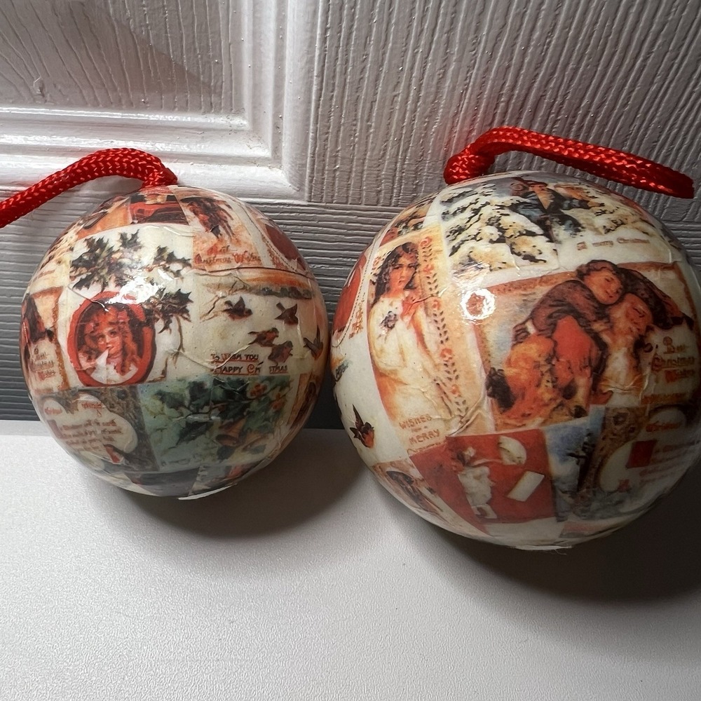 2 vintage-style‎ decoupage Christmas ball ornaments